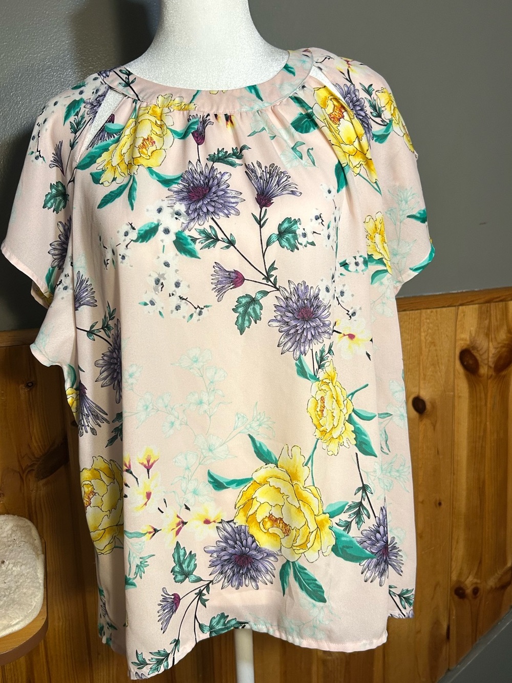 Liz Claiborne Pink Floral Short-Sleeve Blouse with Yellow & Green Accents